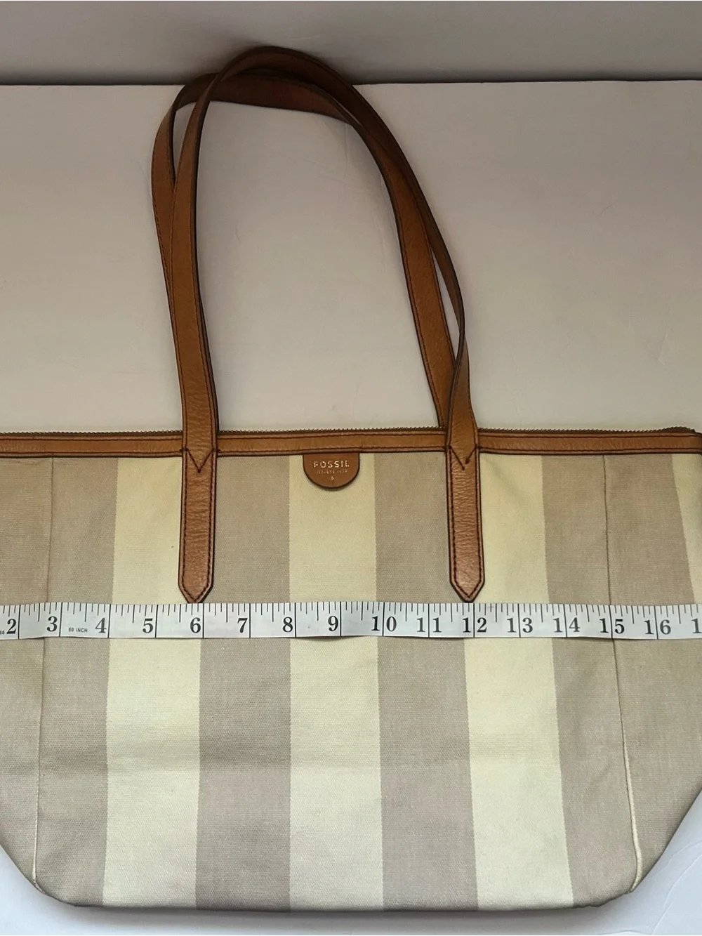 Fossil Cream and Light Gray Striped Canvas Tote with Tan Leather